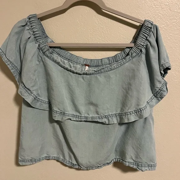 Free People Pale Blue Off-the-Shoulder Ruffle Crop Top - Picture 1 of 5